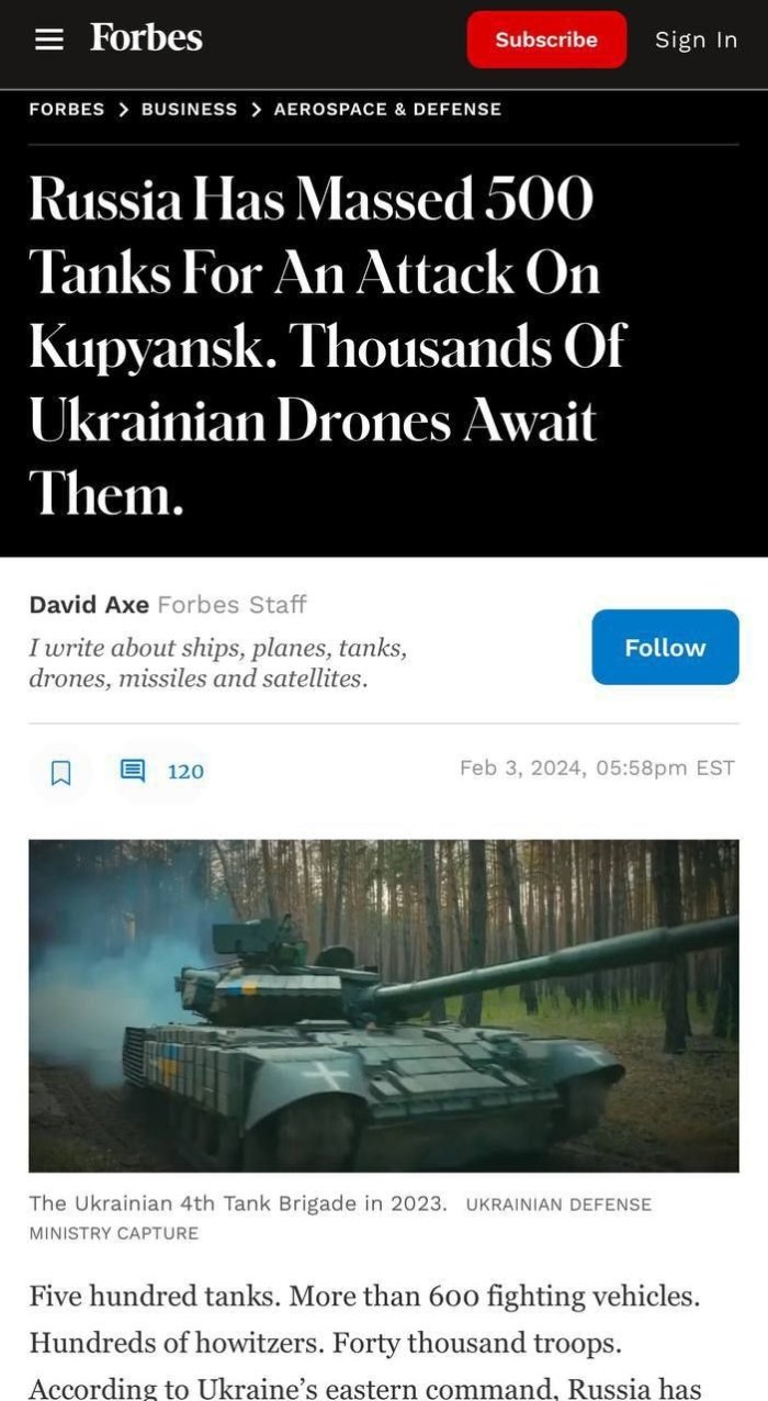 Rossiya Kupyanskga hujum qilish uchun 500 ta tank, 600 dan ortiq jangovar mashina, yuzlab gaubitsa va 40 ming askar to‘plagan — Forbes